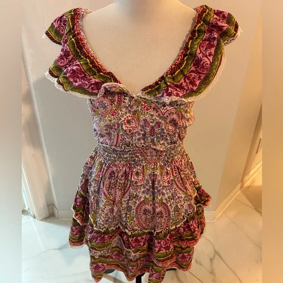 Anthropologie Barok Paris Boho Floral Colorful Gypsy Ruffle Dress S mini tiered - Picture 2 of 6